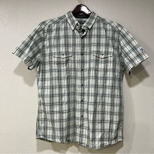 Kuhl Men’s XL Extra Large Eluxur Madras Button Down Plaid Shirt Blue Gray Hiking